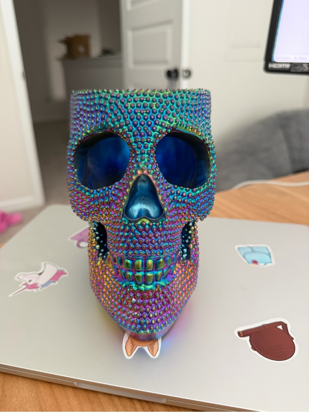 Iridescent Multicolor Bejeweled Skull Sculpture - makeup brush holder